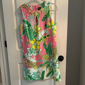 Taylor Floral Pink and Green Sleeveless Dress with pretty necklace attached